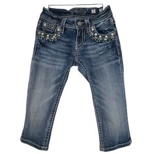 Miss Me Girls Cuffed Capri Jeans Size 7 Embellished Pockets Medium Wash‎